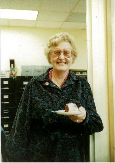 Ilse is standing outside her office in Cunz Hall; 1985