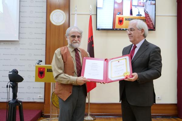 Brian Joseph at his election as a member of the Albanian Academy of Sciences