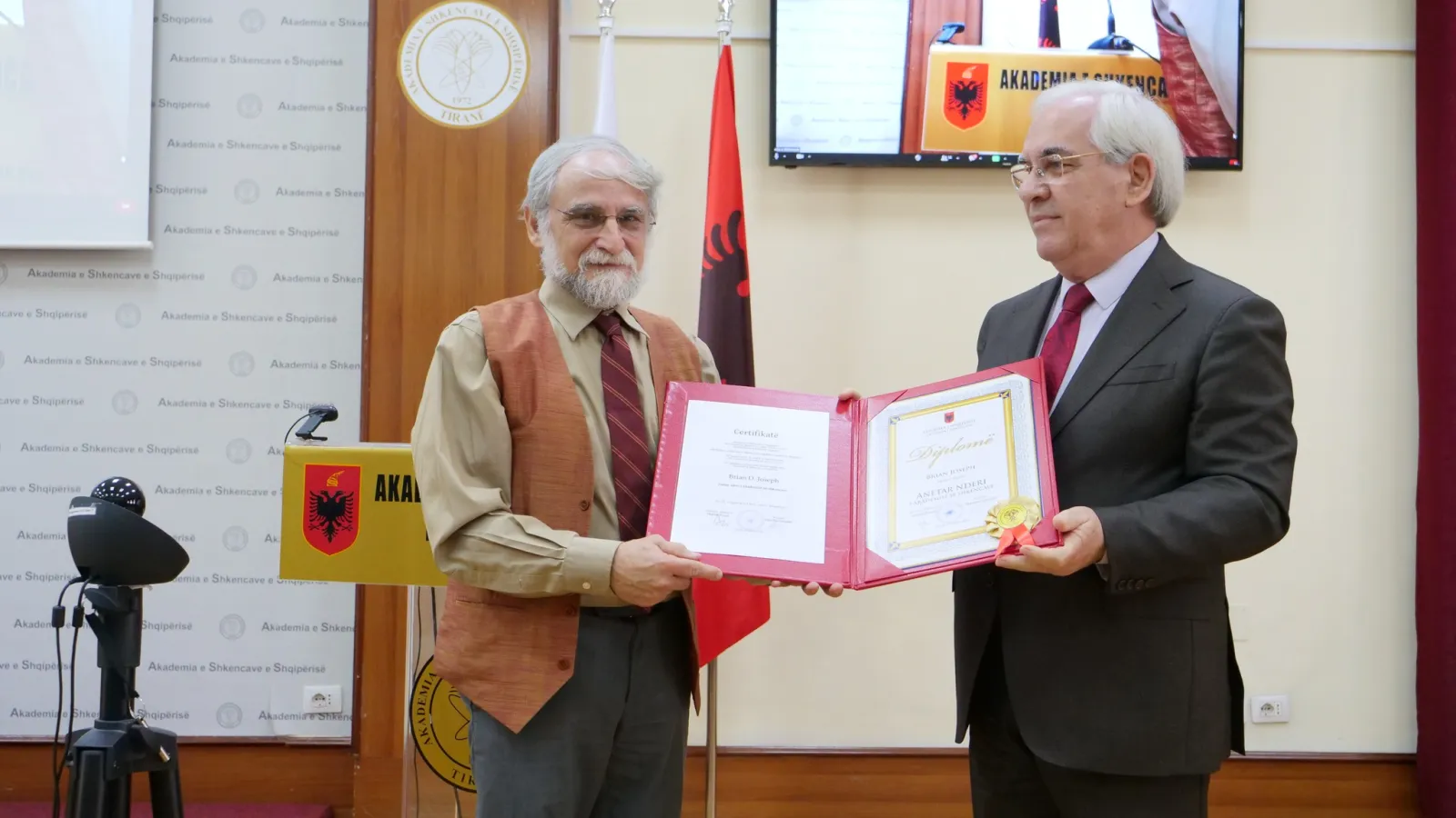 Brian Joseph at his election as a member of the Albanian Academy of Sciences