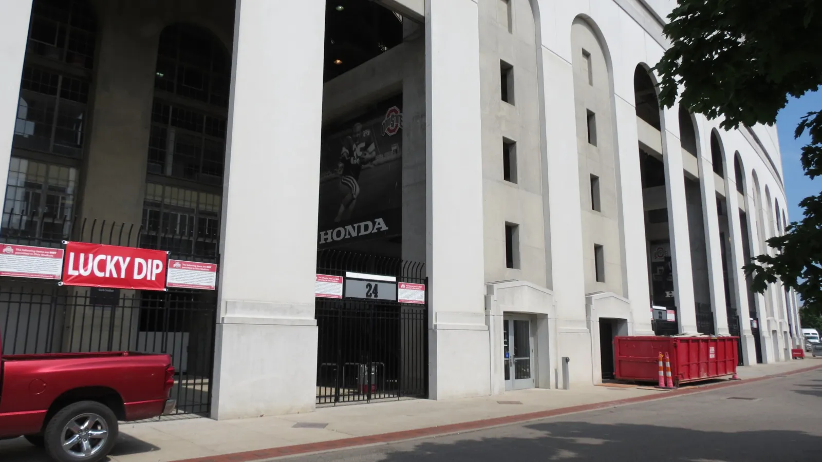 Our new entrance (note the red dumpster from the renovation work to make the space ready)