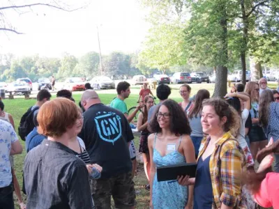 Students outside discussing