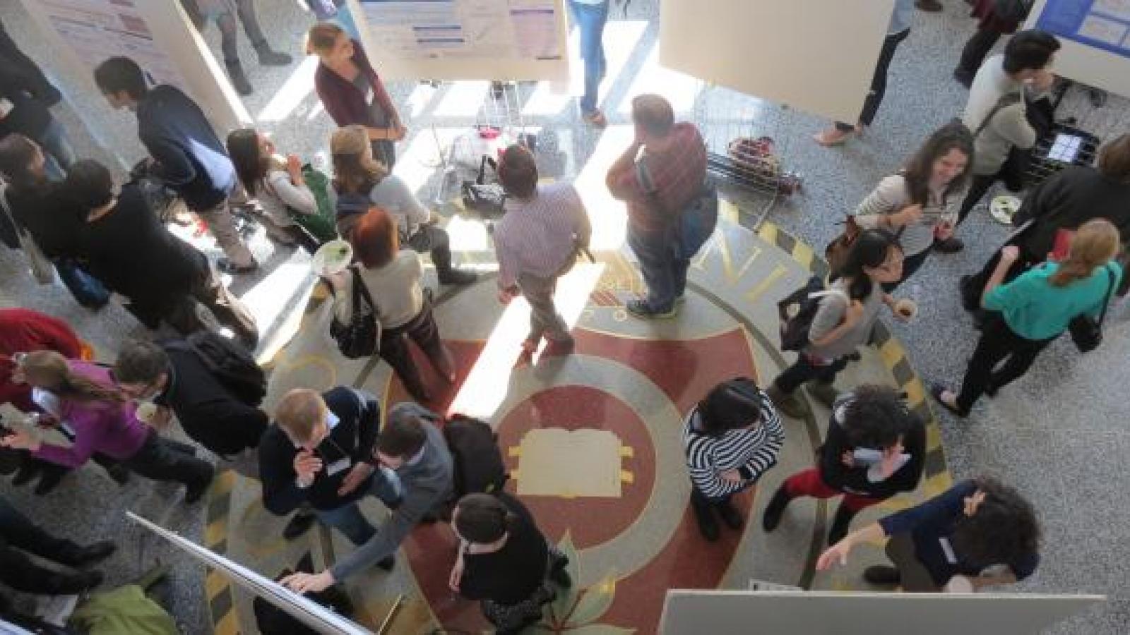 Top view of poster session in Mershon lobby