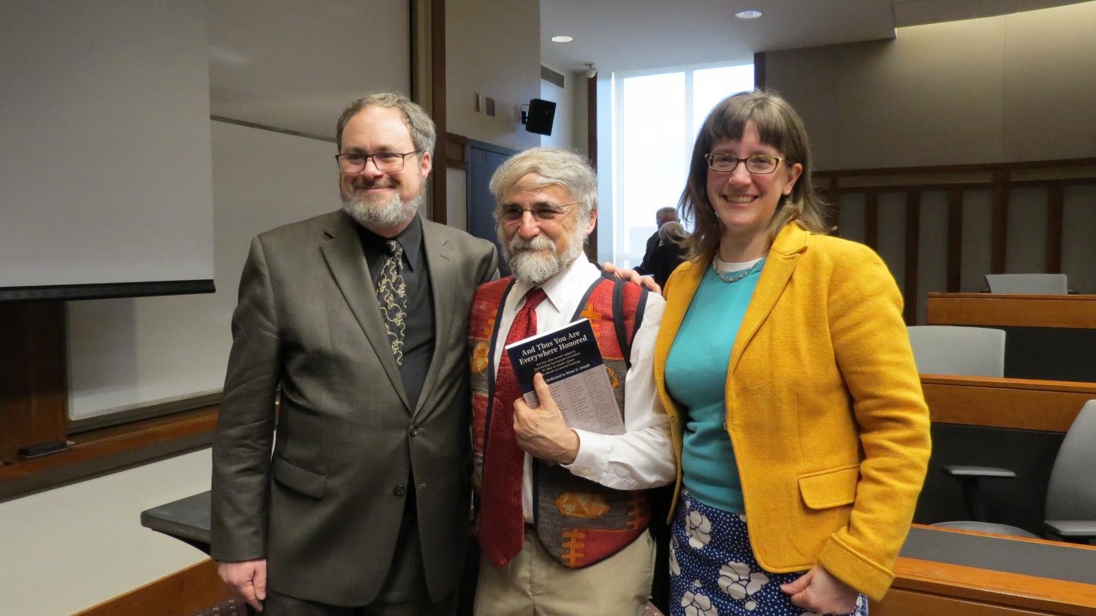 Brian Joseph with Andrea Sims and Daniel Collins at the presentation of a festschrift in his honor